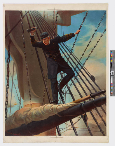 [Admiral Farragut in ship's rigging holding a spyglass]