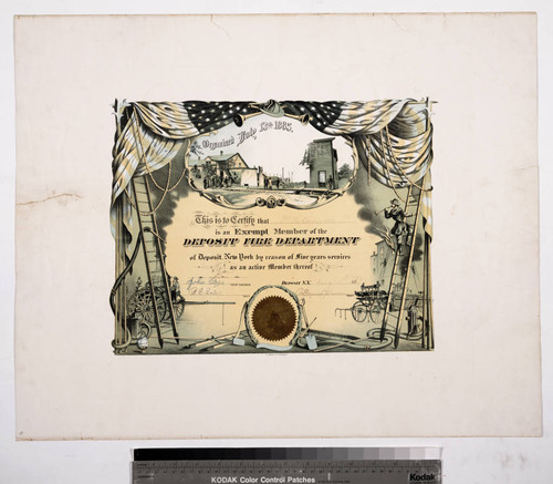 Organized July 13th 1885. This is to certify that W. H. Conron is an exempt member of the Deposit Fire Department of Deposit, New York