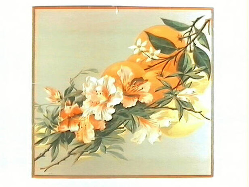 Stock label: oranges and lemons with pink flowers