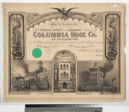 This is to certify that Hiram Sweet is an honorary member of the Columbia Hose Co. of Philadelphia