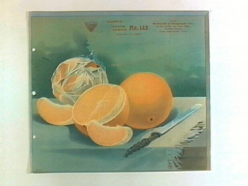 Stock label: oranges, one wrapped, one peeled and sliced, with knife