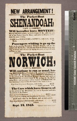 The packet-boat Shenandoah, Capt. S. Compson, will hereafter leave Montezuma for Geneva daily ... Sept. 12, 1845