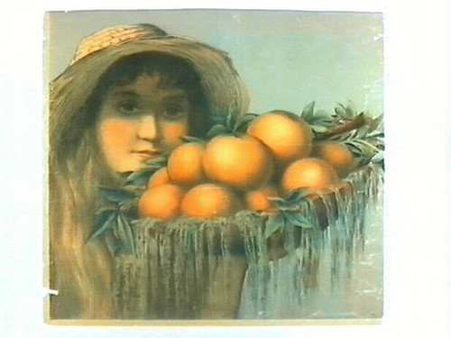 Stock label: girl in straw hat with basket of oranges