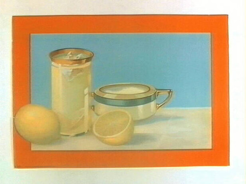 Stock label: glass of lemonade with sugar bowl and lemons