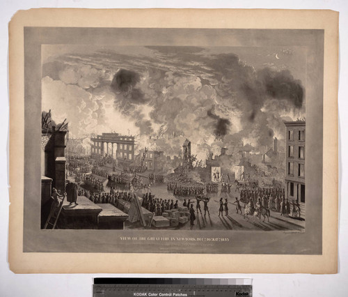 View of the great fire in New York, Decr. 16th & 17th, 1835 as seen from the top of the Bank of America. Cor. of Wall & Wm. St