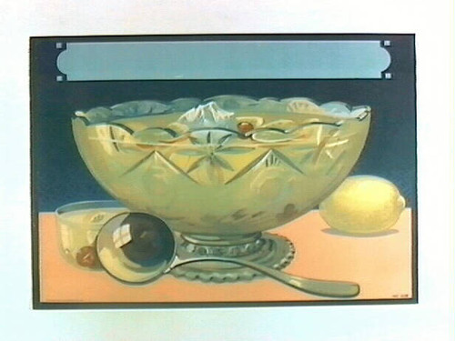 Stock label: punchbowl of lemonade with ladle, cup and lemon