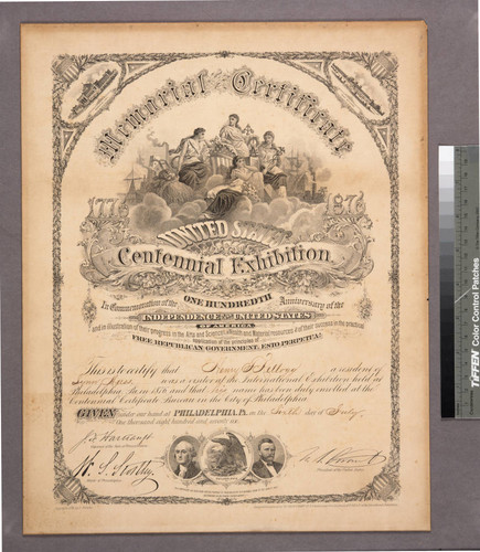 Memorial certificate. United States Centennial Exhibition