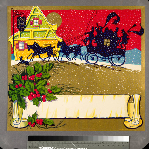 Stock label: snowy holiday scene with holly, horse drawn carriage, and an inn