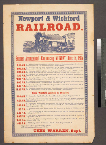 Newport & Wickford Railroad. : Summer arrangement--- commencing Monday, June 15, 1885