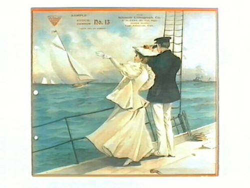 Stock label: man and woman on ship deck watching sailboats