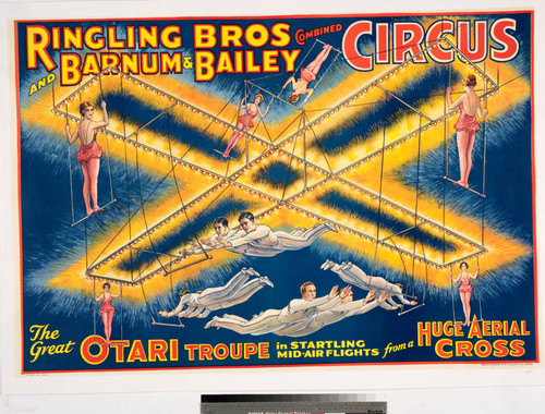 Ringling Bros and Barnum & Bailey Combined Circus : the Great Otari Troupe in startling mid-air flights from a huge aerial cross