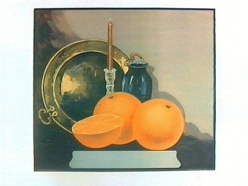 Stock label: oranges with vase, candle, and bronze platter