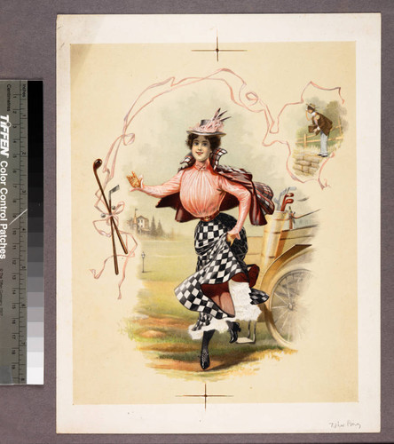 [Woman in checkered skirt with golf clubs]