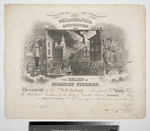 Certificate of life membership to the Philadelphia Association for the relief of disabled firemen. This is to certify that R.C. Du Comb