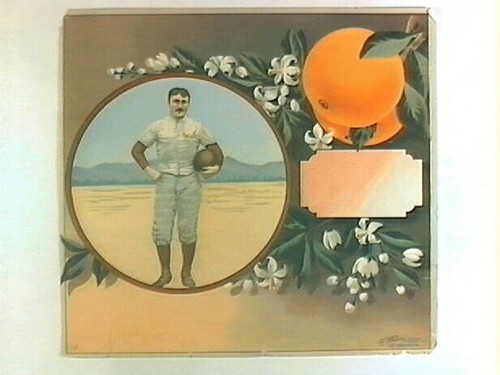 Stock label: football player with oranges and blossoms