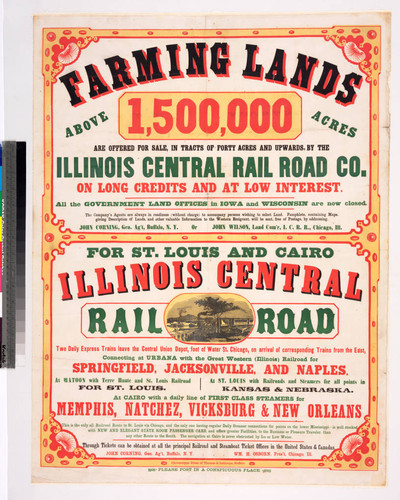 Farming lands above 1,500,000 acres are offered for sale, in tracts of forty acres and upwards, by the Illinois Central Rail Road Co