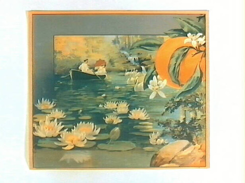 Stock label: man and woman in rowboat on lily pond