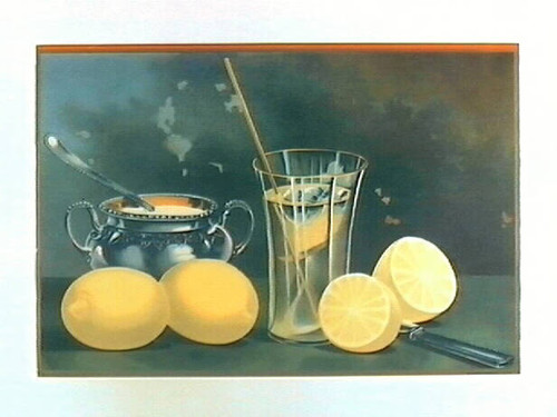 Stock label: glass of lemonade with lemons and sugar bowl