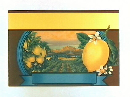 Stock label: lemons, blossoms, orchard and mountains