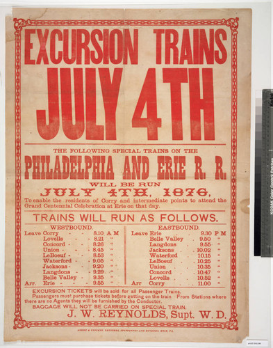 Excursion trains July 4th : the following special trains on the Philadelphia and Erie R. R. will be run July 4th, 1876