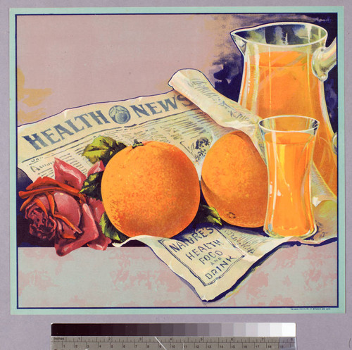 Stock label: oranges, orange juice in glass and pitcher, newspaper and rose