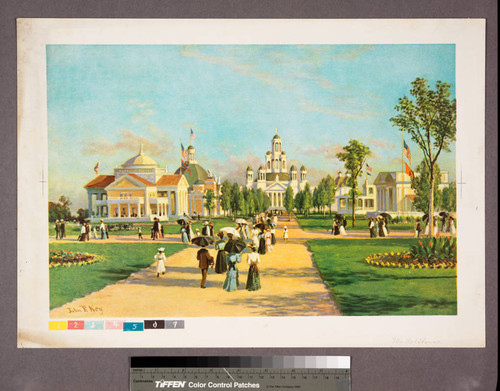 [View of people walking towards various exhibition buildings]