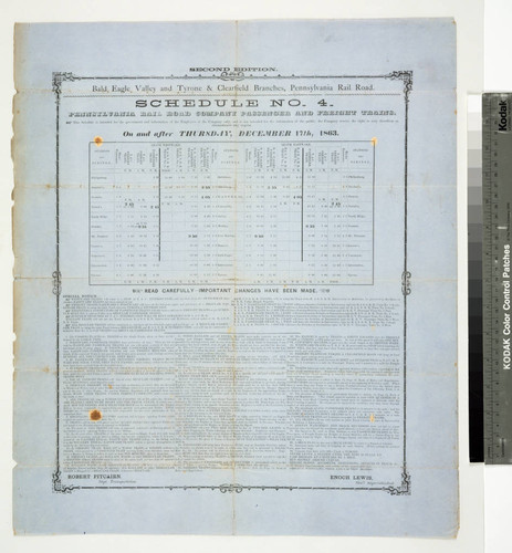 Bald Eagle Valley and Tyrone & Clearfield branches, Pennsylvania Rail Road. : Schedule no. 4. Pennsylvania Rail Road Company passenger and freight trains