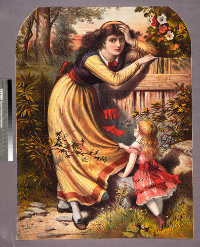 [Young woman leaning on fence with child tugging on her dress]