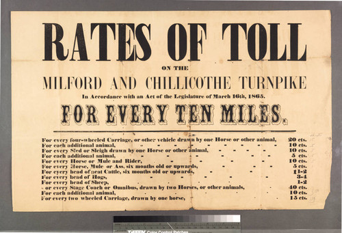 Rates of toll on the Milford and Chillicothe turnpike in accordance with an act of the legislature of March 16th, 1865. for every ten miles