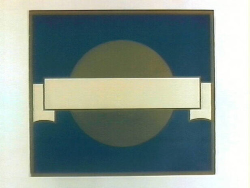 Stock label: gold circle with white text panel on blue background