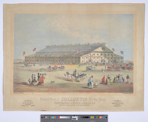 Exterior view of coliseum for the Grand National Peace Jubilee Boston, Mass. June 15.-16.-17.-18.-19th. 1869