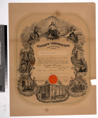 Exempt certificate. This is to certify that George H. Waite has served seven full years as an active member of Rescue Hook & Ladder Co. Watkins, NY Fire Department