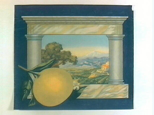 Stock label: grapefruit and orchard landscape framed with columns
