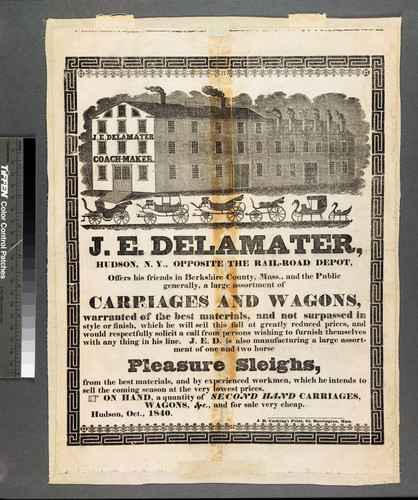 J.E. Delamater, Hudson, N.Y., opposite the rail-road depot, offers his friends in Berkshire County, Mass., and the public generally, a large assortment of carriages and wagons