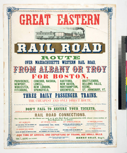 Great Eastern rail road route over Massachusetts western rail road, from Albany or Troy for Boston