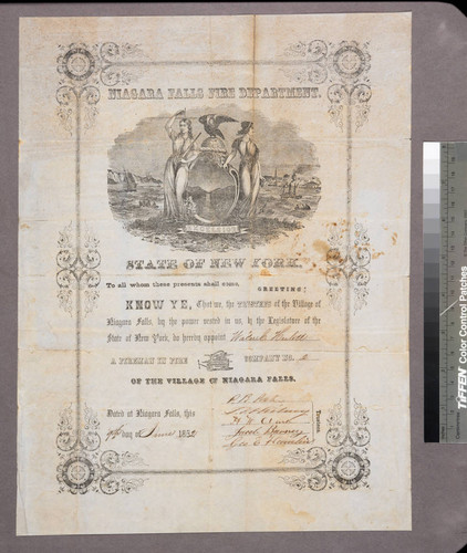 Niagara Falls Fire Department. State of New York. To all whom these presents shall come, ... do hereby appoint Walter C. Hulett a fireman in Fire Company No. 2