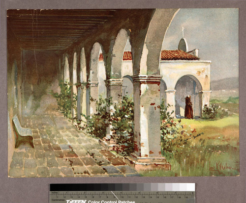 [Priest walking in courtyard of a California mission]