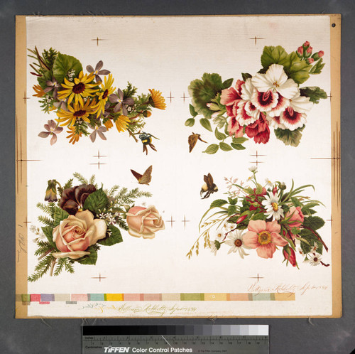 [Proof sheet of 4 flower images with bees or butterflies on satin]