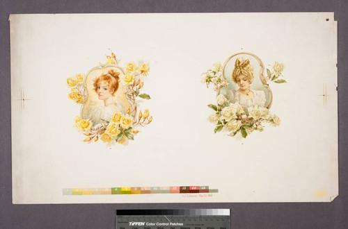 [Proof of two portraits of women in embellished frames with roses]