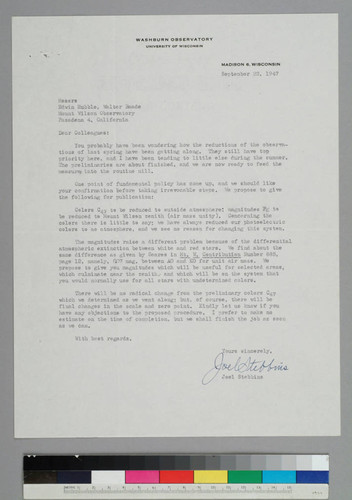 Astronomer Joel Stebbins, of the Washburn Observatory, writes to EPH and Walter Baade regarding reduction methodology used to establish color and magnitude