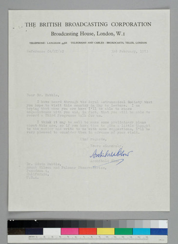 Archibald Clow of the British Broadcasting Corporation writes to EPH