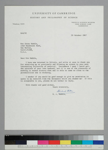 Astronomy historian Michael Hoskin writes to Grace Hubble