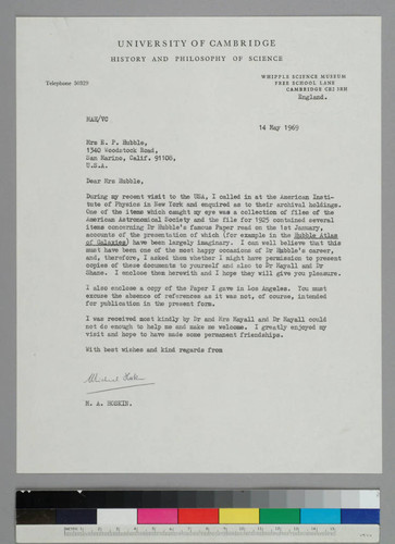 Astronomy historian Michael Hoskin writes to Grace Hubble