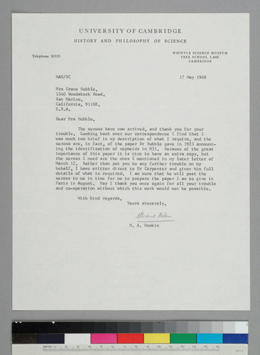 Astronomy historian Michael Hoskin writes to Grace Hubble