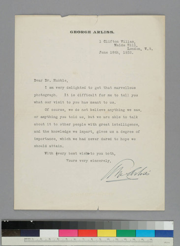Actor George Arliss writes to EPH