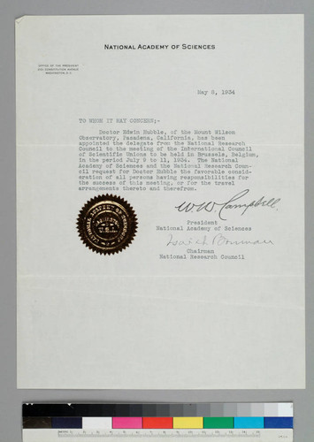 Letter introducing Edwin Hubble as delegate from the National Research Council to the meeting of the International Council of Scientific Unions