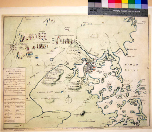 A plan of the town and harbour of Boston : and the country adjacent with the road from Boston to Concord ; shewing the place of the late engagement between the King's troops and the provincials, together with several encampments of both armies in & about Boston ; taken from an actual survey humbly inscribed to Richd. Whitworth Esqr. member of Parliament for Stafford / by his most obedient servant J. de Costa