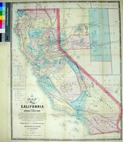 A new map of the State of California and Nevada Territory : exhibiting the rivers, lakes, bays and islands, with the principal towns, roads, railroads and transit routes to the silver mining districts of Nevada Territory ; also meridian, standard, range and township lines as established ; to which is added the county boundaries and United States land districts ; carefully compiled from United States and other reliable surveys / by Leander Ransom. and A.J. Doolittle