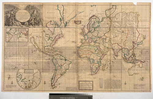 A new & correct map of the whole world : showing the situation of its principal parts, viz. the oceans, kingdoms, rivers, capes, ports, mountains, woods, trade winds, monsoons, variation of the compass, climats, &c with the most remarkable tracks of the bold attempts which have been made to find out the North East and North West Passages the projection of this map is call'd Mercator's the design is to make it useful both for land and sea and it is laid down with all possible care, according to the newest and most exact observations / by Herman Moll, Geographer