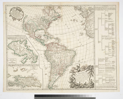 L'Amérique Septentrionale et Meridionale divisée en ses principales parties par les Srs. Sanson Géog. ordin. du Roy rectifiée suivant les nouvelles découvertes et assigettie aux observations astronomiques, par le Sr. Robert Geog. ord. du Roi. Avec Privilege 1749